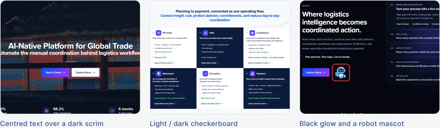Three parts of the old gocomet.com homepage: centred text over a dark scrim, a light and dark checkerboard, and a black glow with a robot mascot