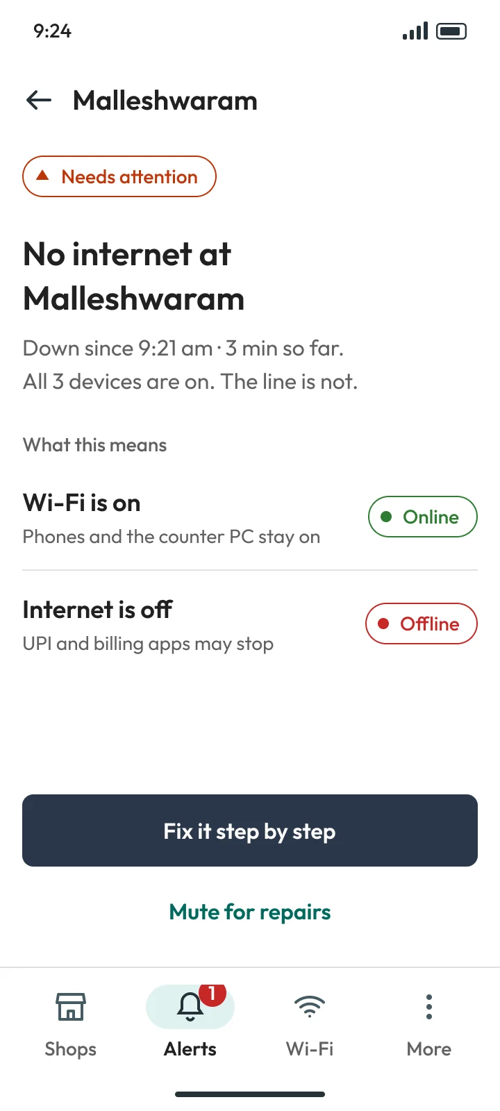 Alert detail: No internet at Malleshwaram. Wi-Fi is on, internet is off, UPI and billing apps may stop. Fix it step by step
