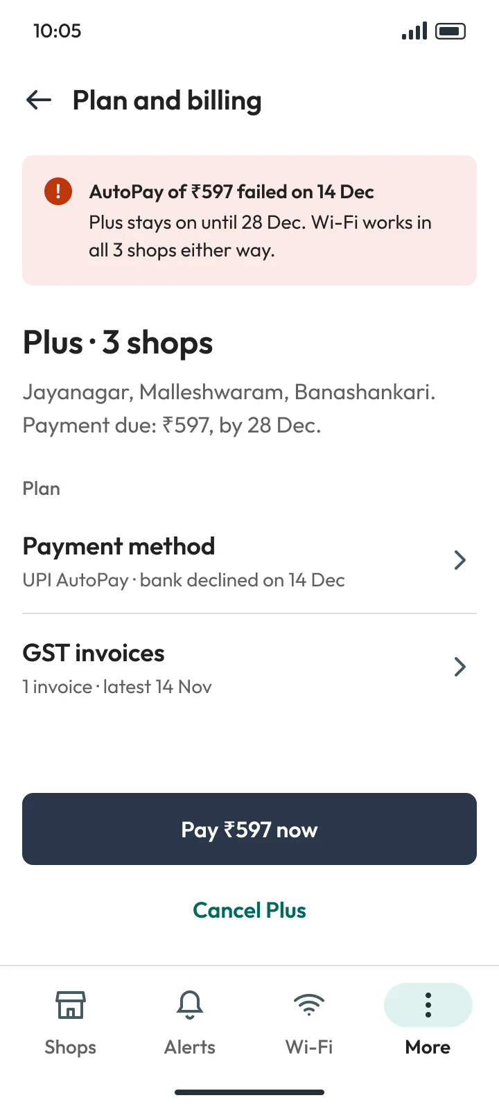 Plan and billing: AutoPay of ₹597 failed, Plus stays on until 28 Dec, Wi-Fi works in all 3 shops either way