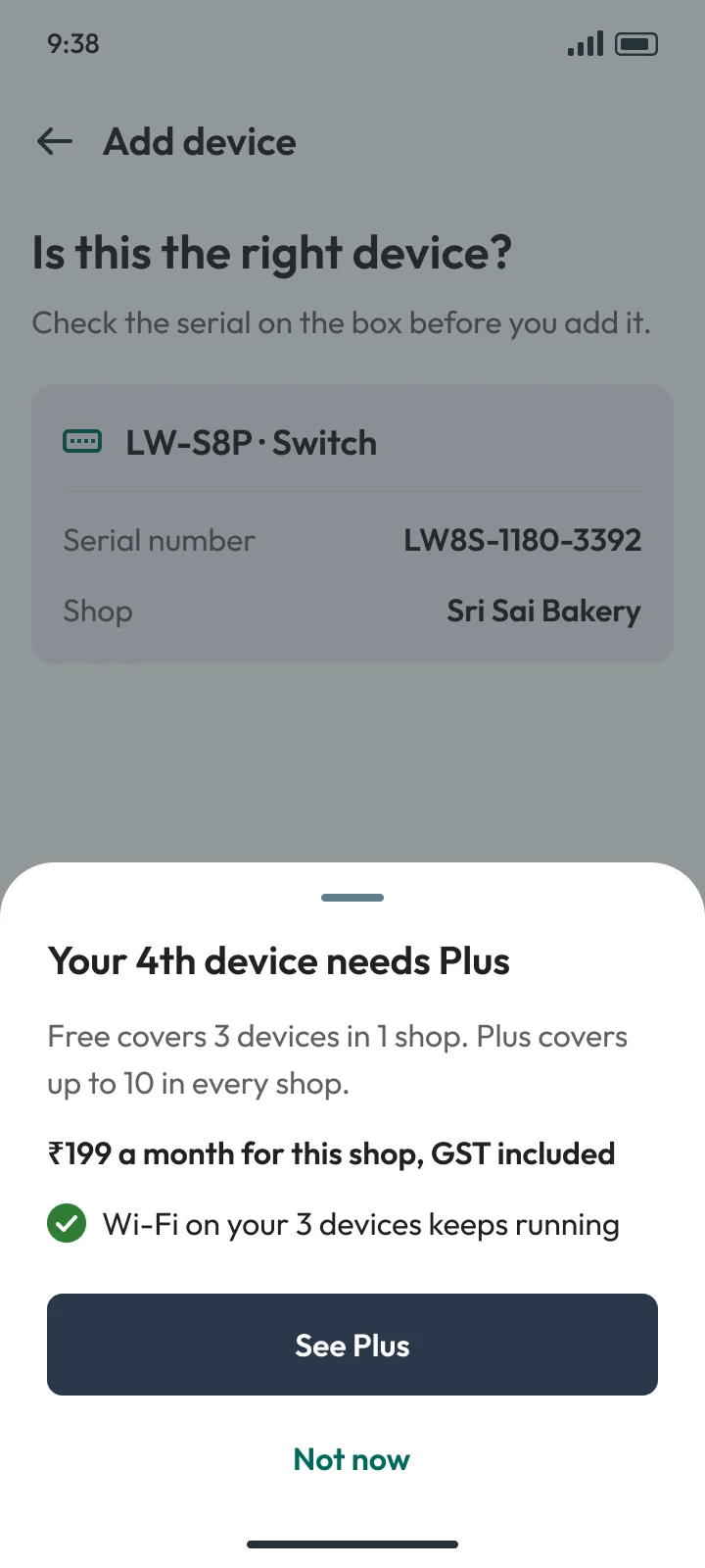Adding a 4th device on Free: the owner sees Plus at ₹199 a month for this shop, and Wi-Fi on the 3 devices keeps running