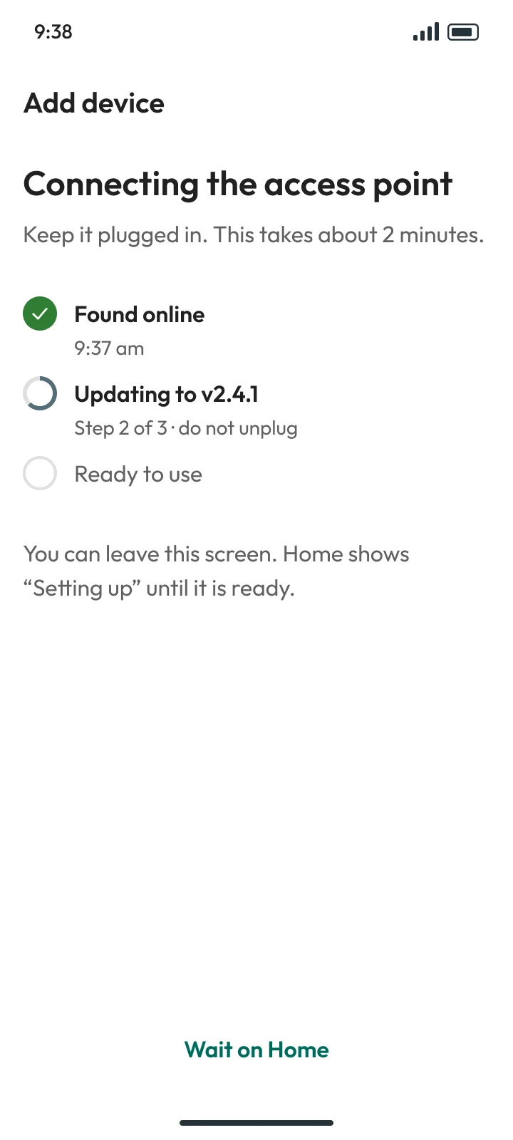 Step 4: Connecting the access point: found online, updating to v2.4.1 step 2 of 3, then ready to use