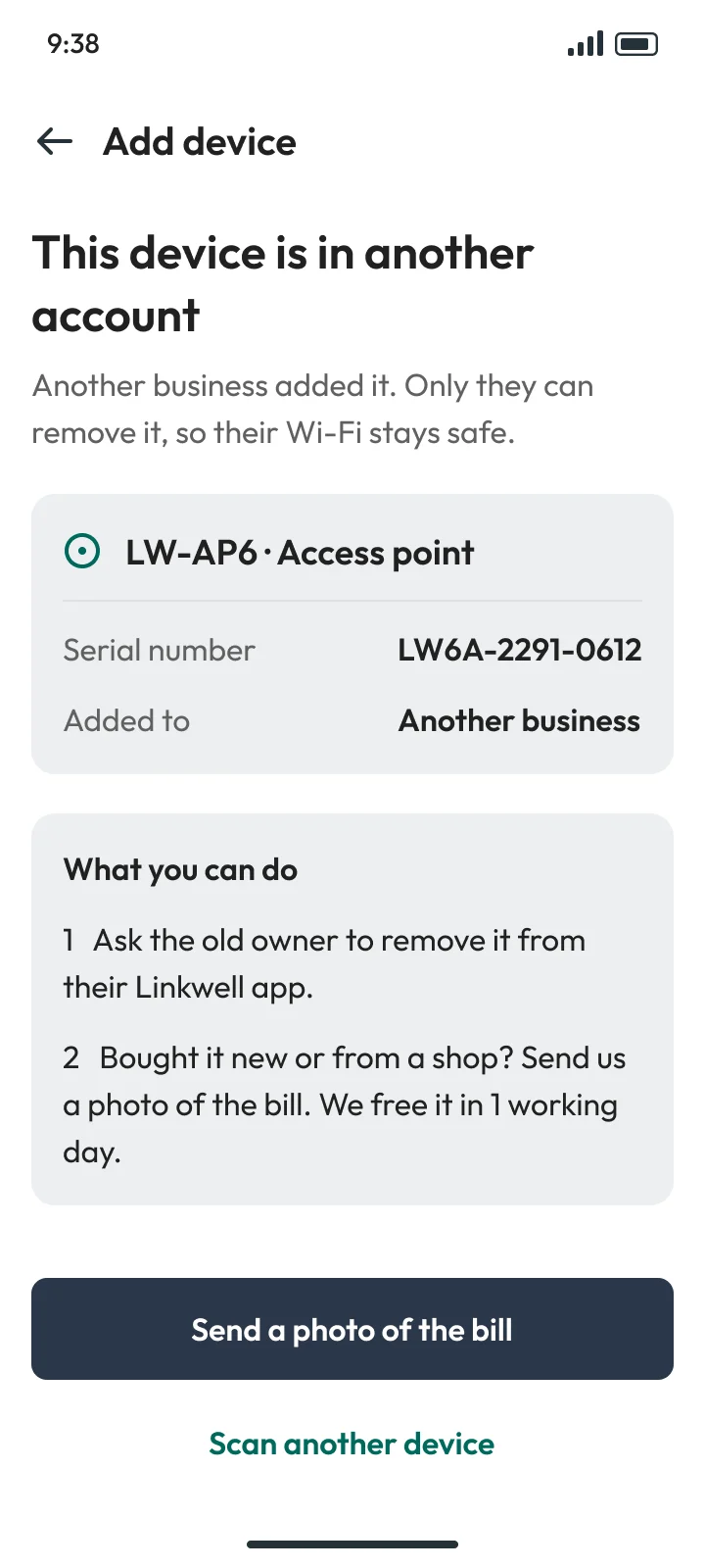 When it goes wrong: This device is in another account: ask the old owner to remove it, or send a photo of the bill