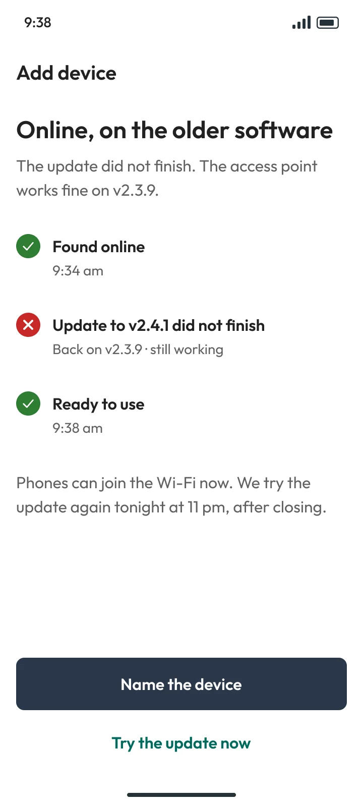 When it goes wrong: Online, on the older software: phones can join now, the update tries again tonight at 11 pm