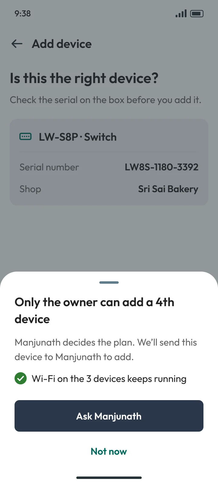 When it goes wrong: A manager adding a 4th device on Free sees no price, only: ask Manjunath, the owner