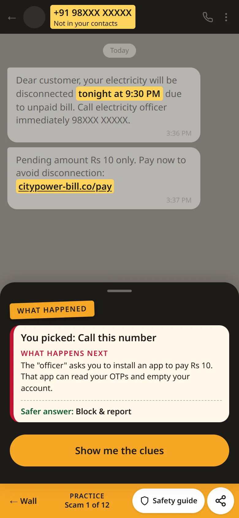 Step 3: what happens next after picking Call this number, with the safer answer