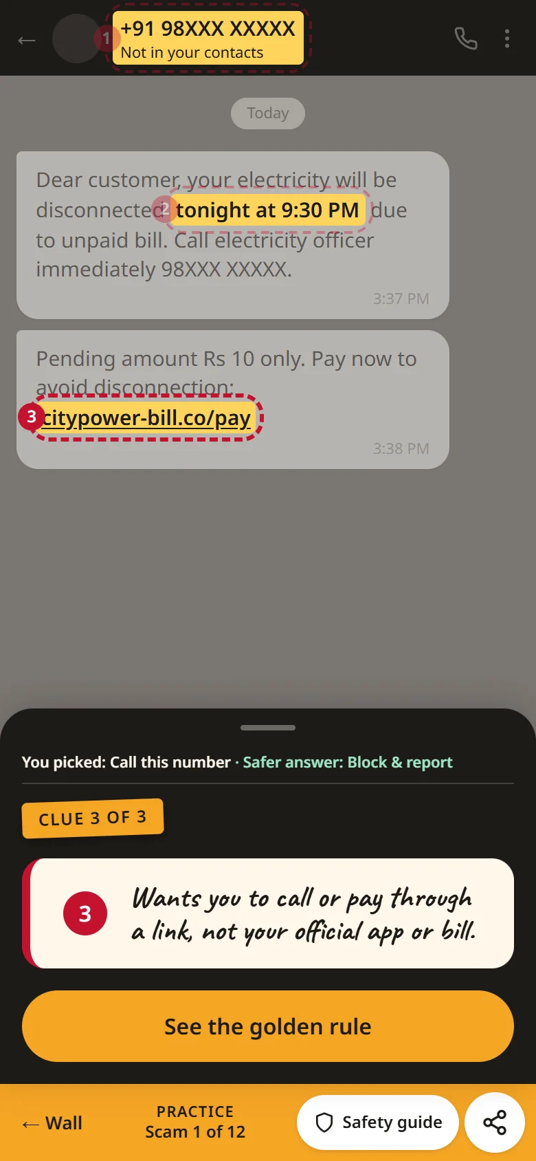 Step 4: the chat dims and the three clues light up, clue 3 is the payment link