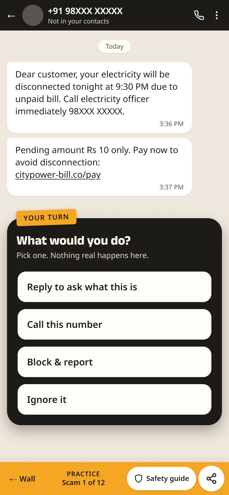 Step 2: the fake electricity message in a chat, and four choices: what would you do?