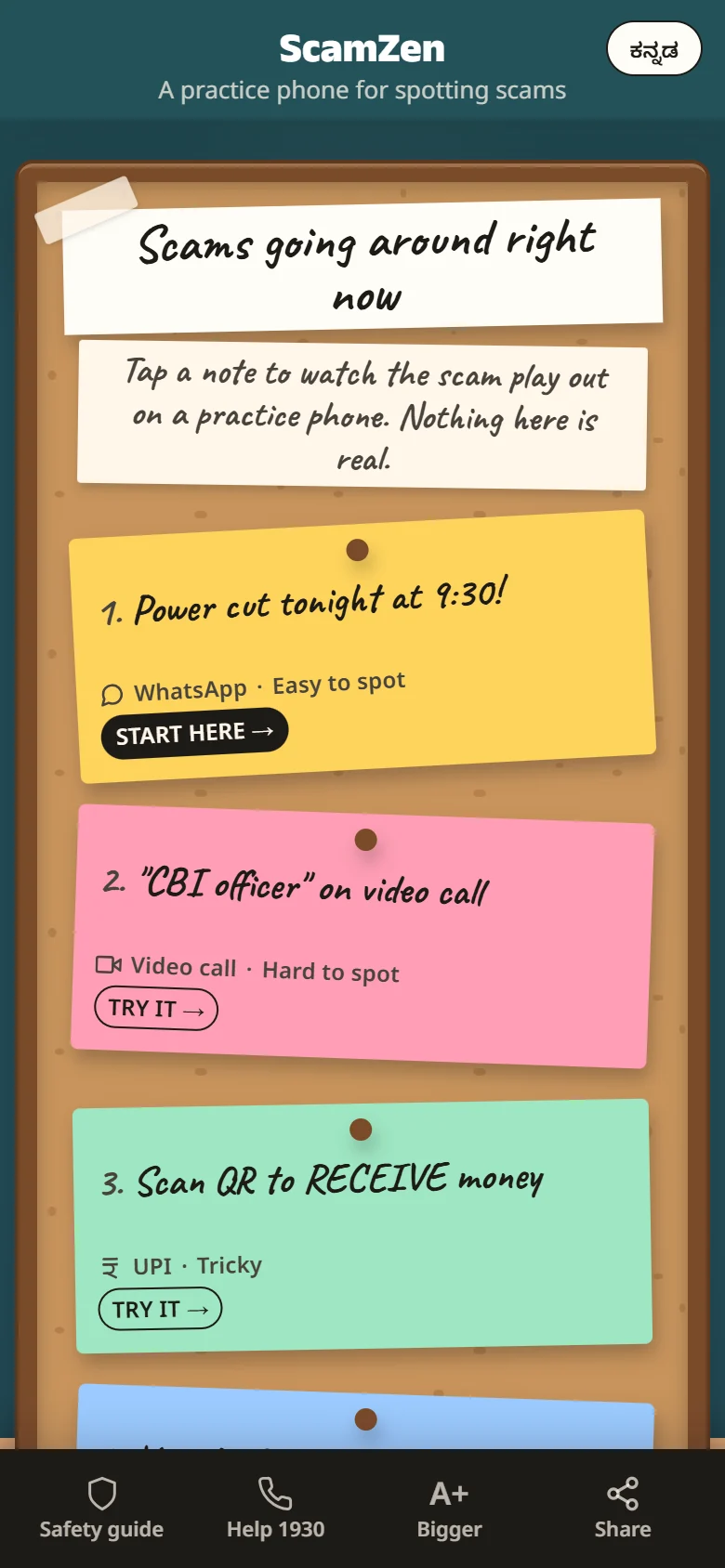 Step 1: the wall of scam notes on a phone, the first one says START HERE