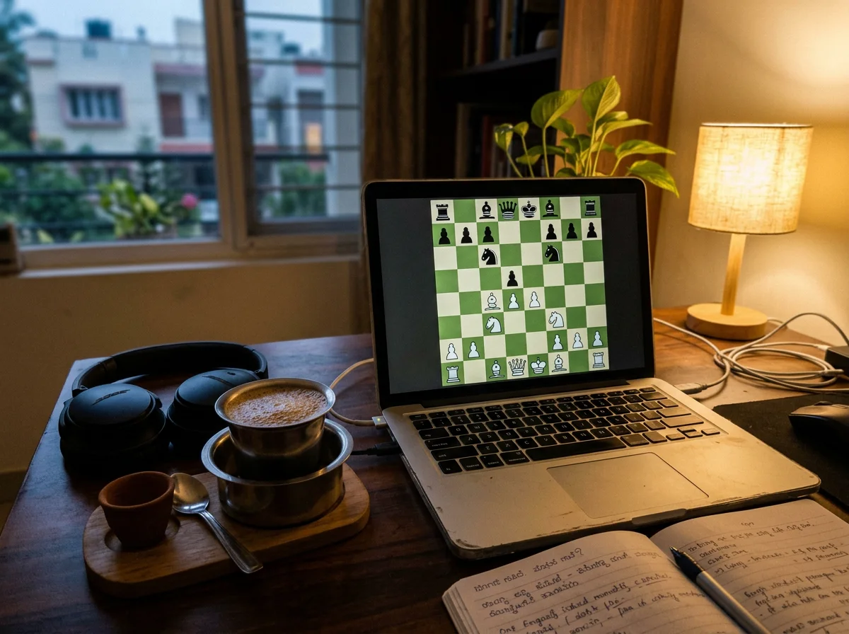 An evening game of online chess on a laptop, with filter coffee and headphones