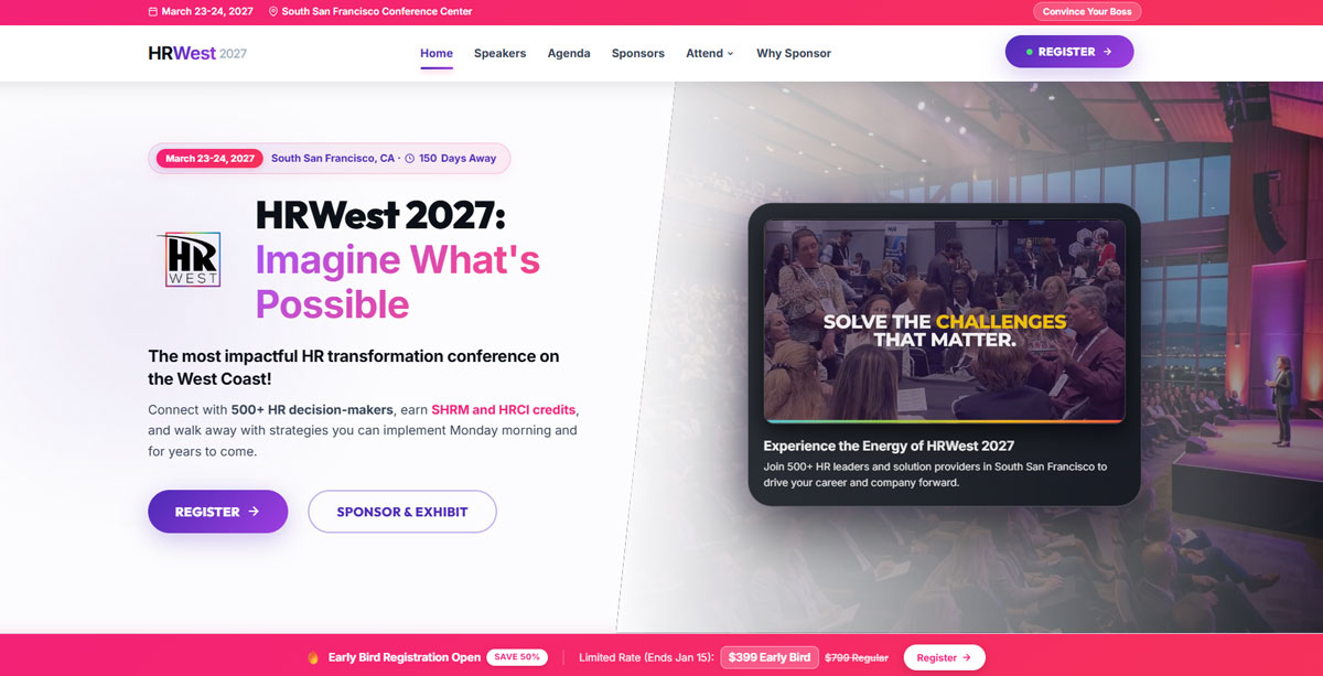 HR West event site redesign, home page