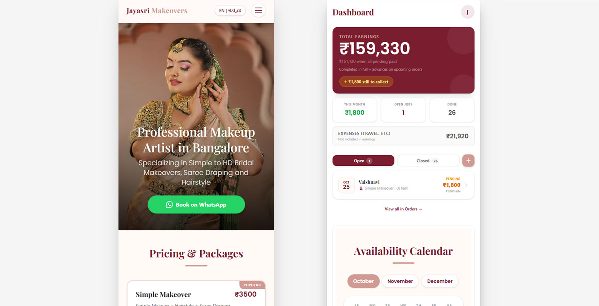 Jayasri Makeovers site and its client manager dashboard