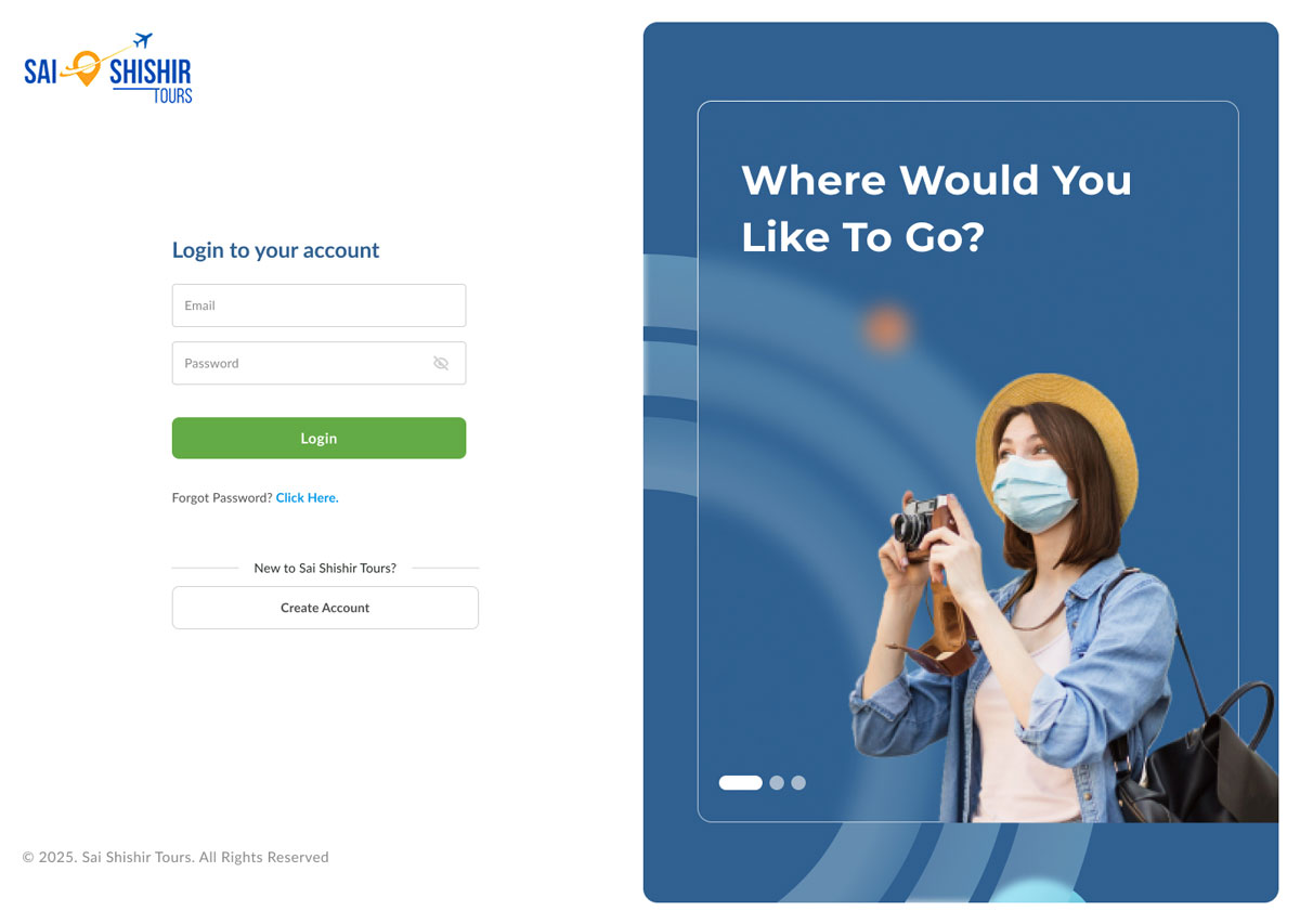 SST Travels CRM sign-in screen beside a travel photo